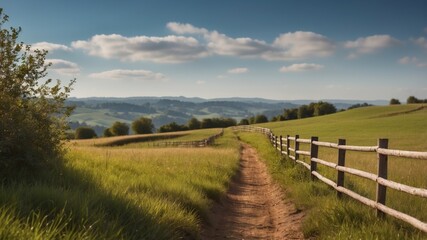 Rolling green hills and meadows with a wooden fence under a clear sky.