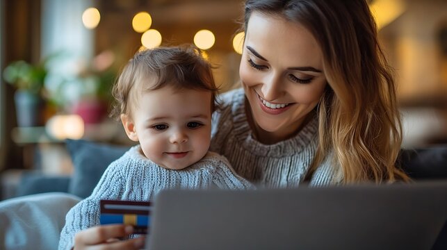 Online payments Happy young mom with kid son or daughter using laptop computer and credit card making internet purchases with adorable toddler child Single mother online shopping for b : Generative AI