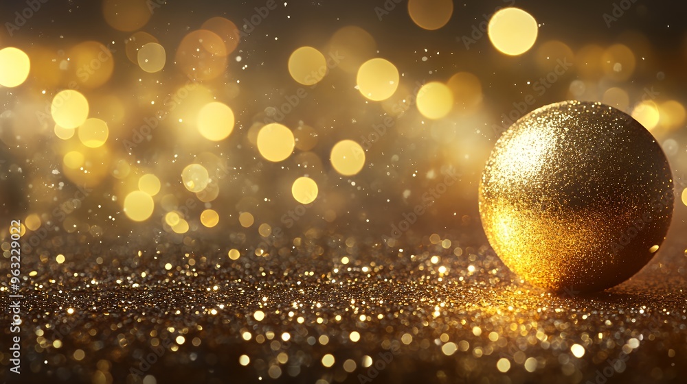 Poster golden bauble on sparkling background with bokeh lights.