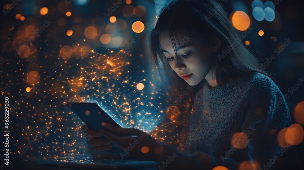 Aufkleber Digital technology internet network connection big data digital marketing IoT internet of things Woman using mobile phone and laptop computer surfing internet innovative technology bac : Generative AI