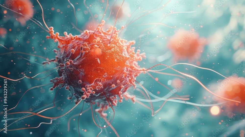 Fototapete a 3d rendering of a cancer cell, providing an immersive view of its intricate structure and irregula