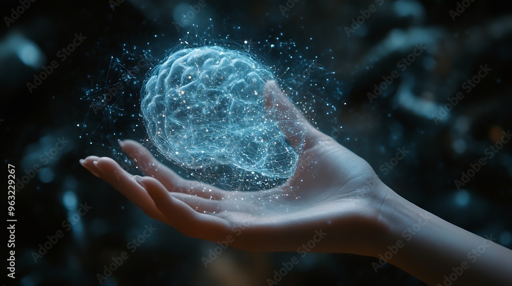 Aufkleber Hand touch virtual for brain digital technology system development or big data knowledge learning innovation future digital transformation : Generative AI