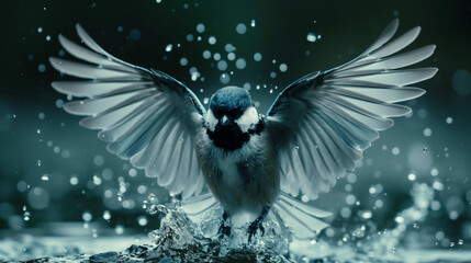 Obraz premium Bird with outstretched wings splashing in water during flight