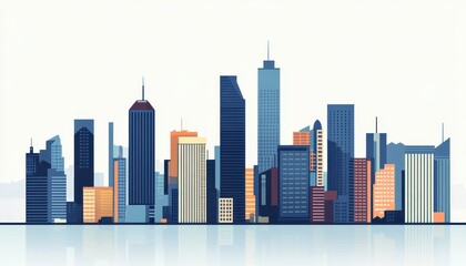 Fototapeta premium Modern city skyline with tall buildings and reflections on water. isolated on white background. flat design style.