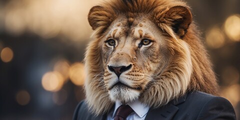 Fototapeta premium Majestic lion in a suit posing for a business picture.