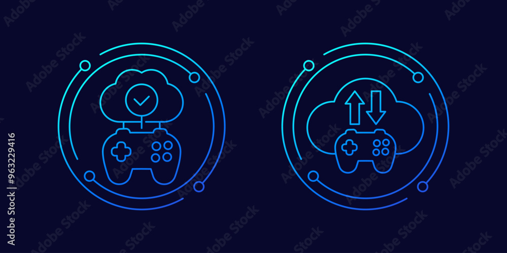 Poster game server icons with gamepad, cloud gaming, linear design