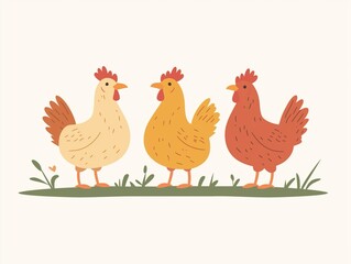 Fototapeta premium Cartoon Illustration of Three Chickens on Grass