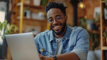Obraz premium Smiling young entrepreneur working on laptop at table Confident male professional is analyzing success plan He is sitting at home office : Generative AI