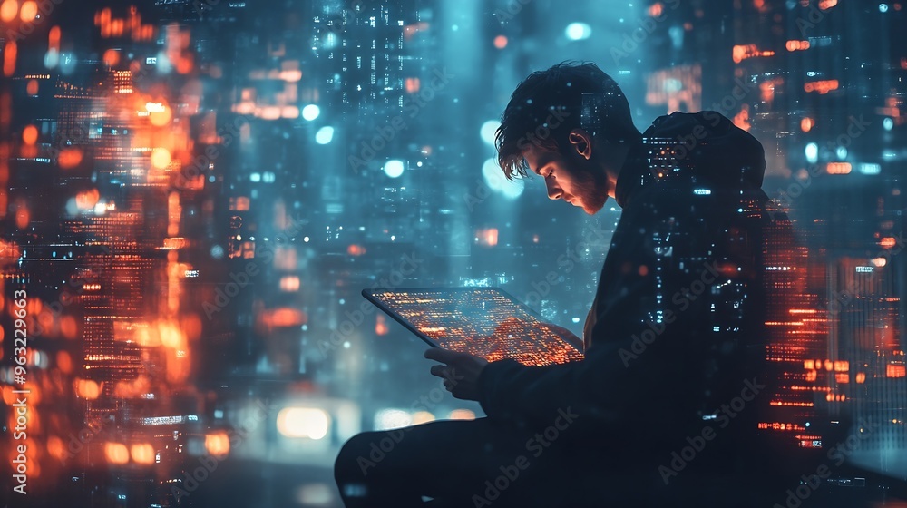 Aufkleber Digital transformation technology era abstract tech background metaverse Man using digital tablet with future technology IoT internet of things future AI technology smart device social : Generative AI