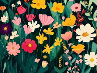 Colorful Illustration of Wildflowers in Bloom