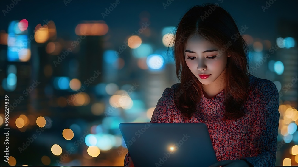 Fototapete Young Asian woman using laptop computer sending and download digital data info with blur city night Mobile connect networking with cloud communication concept : Generative AI