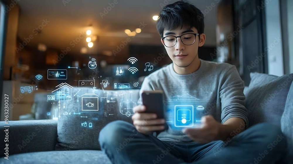 Leinwandbilder asian man sitting on sofa and using smart home control app on mobile phone with augmented reality vi