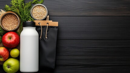 A top view displays a steel water bottle alongside vibrant red apples, a jar of grains, and a cloth bag, embodying a zero waste lifestyle and eco-friendly grocery shopping