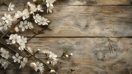 Delicate white cherry blossoms on rustic wooden background