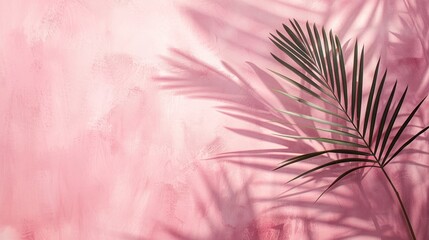 A blurred palm leaf shadow dancing on a soft pink wall, reminiscent of a watercolor painting.