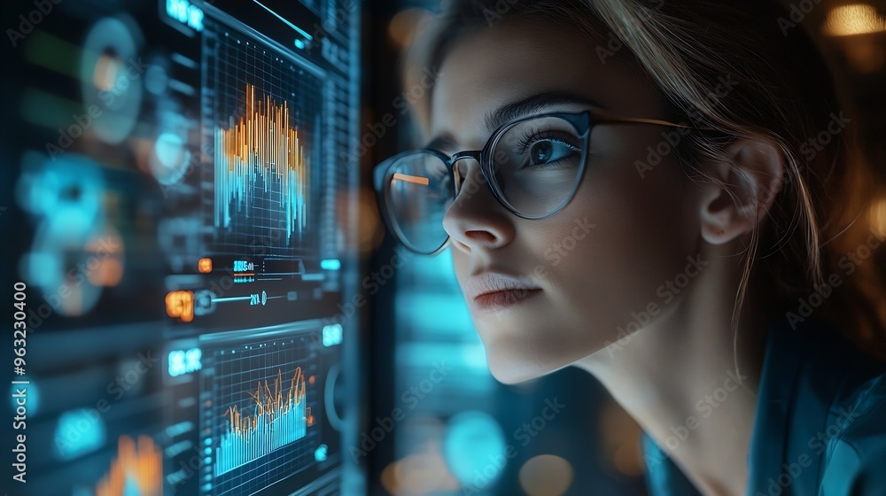 Poster Analyst woman working with information database to analyze marketing and sales data Business analytics dashboard with charts metrics and KPIs concept : Generative AI