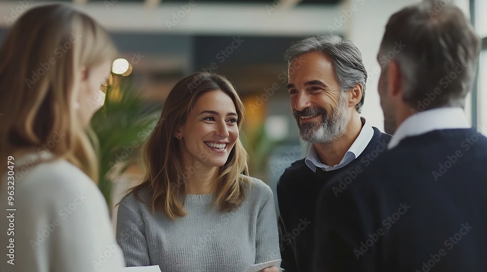 Aufkleber A group of professionals collaborating and working together in a modern office They are discussing project solutions and working on paperwork The team looks happy successful and focuse : Generative AI
