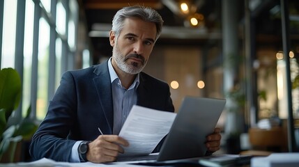 Fototapeta premium Busy middle aged executive mature ceo male hr account manager holding documents using laptop computer in office checking financial bill data in report doing accounting paper file plan : Generative AI