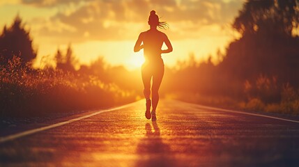 Silhouette of a woman running toward the sunset on a paved road.