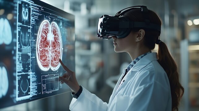 Professional doctor wearing lab coat and VR headset while looking at hologram of human organ Skilled researcher looking and thinking about medical theory Innovation Blurring background : Generative AI