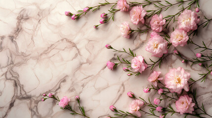 Pink flowers and buds arranged on a marble textured background