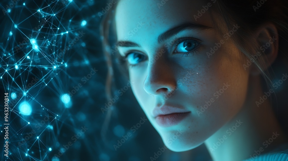 Poster Digital technology internet network connection big data digital marketing IoT internet of things Woman using modern computer surfing internet futuristic metaverse innovative technology : Generative AI