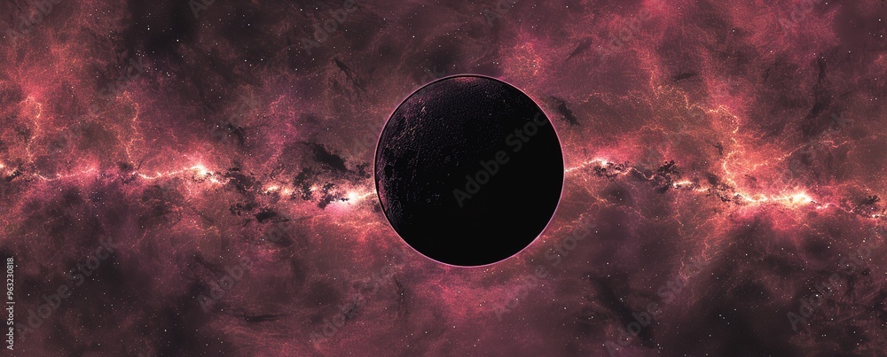 Wall mural a black planet in the center of a red and pink nebula with clouds and streaks of light. a vast, swir