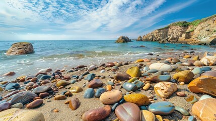 A breathtaking beach panorama featuring an assortment of smooth, multicolored rocks, their unique shapes and vibrant colors adding a touch of natural artistry to the landscape.