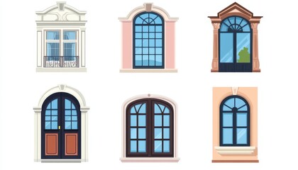 Obraz premium Set of six arched windows with different styles and colors. Perfect for architectural design and illustration.