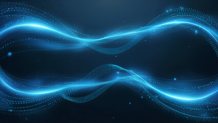 Abstract blue glowing energy waves from dotted line particles with blur effect on dark background. Futuristic modern tecnologycal backdrop design for business