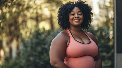 Stunning plus size woman takes a moment to smile and relax after her outdoor workout
