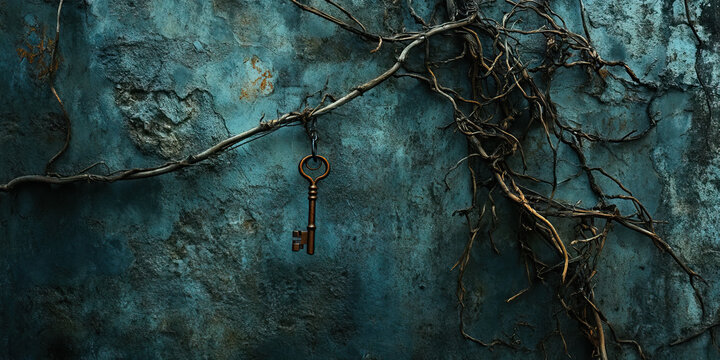 The Twisting Vine of Anxiety: A vine creeping up a dark, dank wall, with a single rusty key dangling from a tendril.