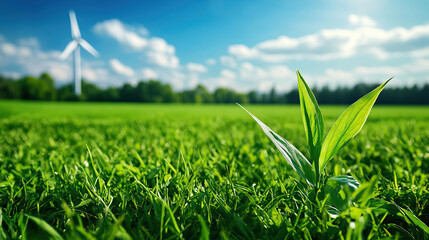 Obraz premium A close-up of vibrant green grass with fresh shoots, set against a backdrop of a wind turbine and a bright blue sky.