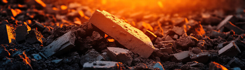 A close-up view of a brick resting on textured soil illuminated by warm sunlight, symbolizing construction and natural beauty.