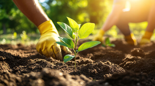 A close-up of hands planting a young sapling in rich soil, symbolizing growth and environmental stewardship.