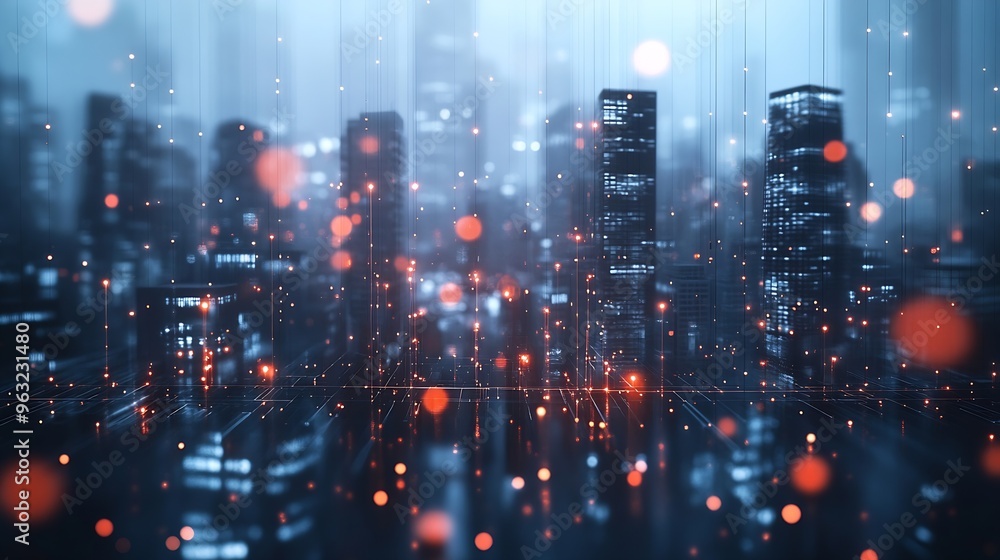 Poster Wireless network and Connection technology concept with Abstract buildings and city background : Generative AI