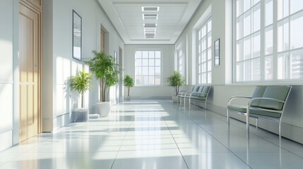 Fototapeta premium Bright hospital corridor with a cozy, modern waiting area, offering a sense of comfort and peace to visitors.