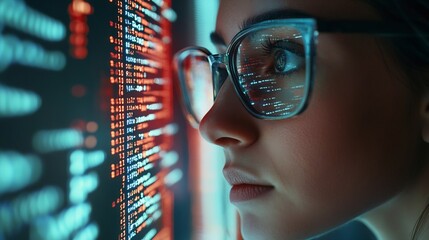 Software data hologram and woman with code analytics information technology and gdpr overlay Programmer coding or IT person in glasses reading html script programming and cyber securit : Generative AI