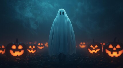 Eerie ghost figure among glowing pumpkins in a misty Halloween setting, perfect for spooky themes and autumn celebrations.