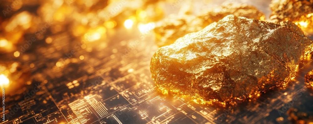 Poster a breathtaking close-up of a golden rock embedded in a shimmering surface, showcasing rich textures 
