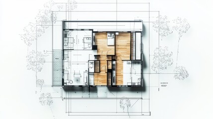 Top view of a 3D model house plan on a white background with blueprint sketches.
