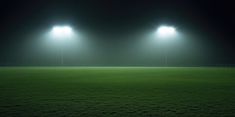 Football field lit up by stadium floodlights.