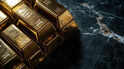 A collection of gold bars arranged neatly on a marble surface, symbolizing wealth and luxury.
