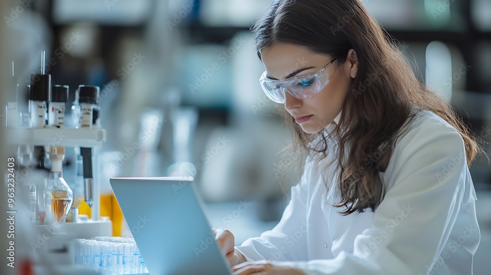 Poster woman scientist and research with laptop and tablet for results medical study or exam on new discove
