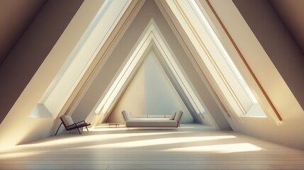 Obraz premium Clean lines and perfect symmetry define this triangular room, where light and shadows blend in geometric harmony.
