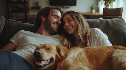 Smiling handsome boyfriend and girlfriend sitting on sofa hugging with dog golden retriever watching video laughing sitting on comfortable sofa in cozy room Concept of relationship dat : Generative AI