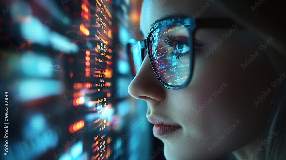 Fototapete Software coding hologram and woman in data analytics information technology and gdpr overlay Programmer or IT person in glasses reading script programming and cybersecurity research on : Generative AI