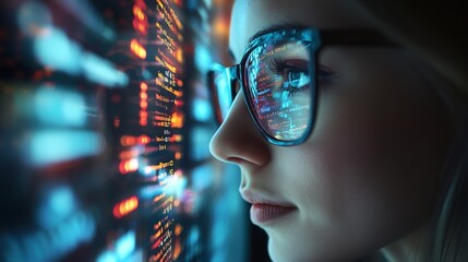 Software coding hologram and woman in data analytics information technology and gdpr overlay Programmer or IT person in glasses reading script programming and cybersecurity research on : Generative AI