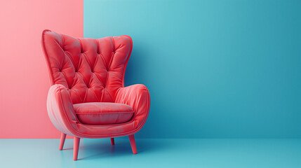 Bright velvet armchair in a modern minimalist room with pink and blue color-block walls