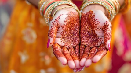 Close-up of a bride hand adorned with intricate henna or mehndi designs during a traditional wedding ceremony.